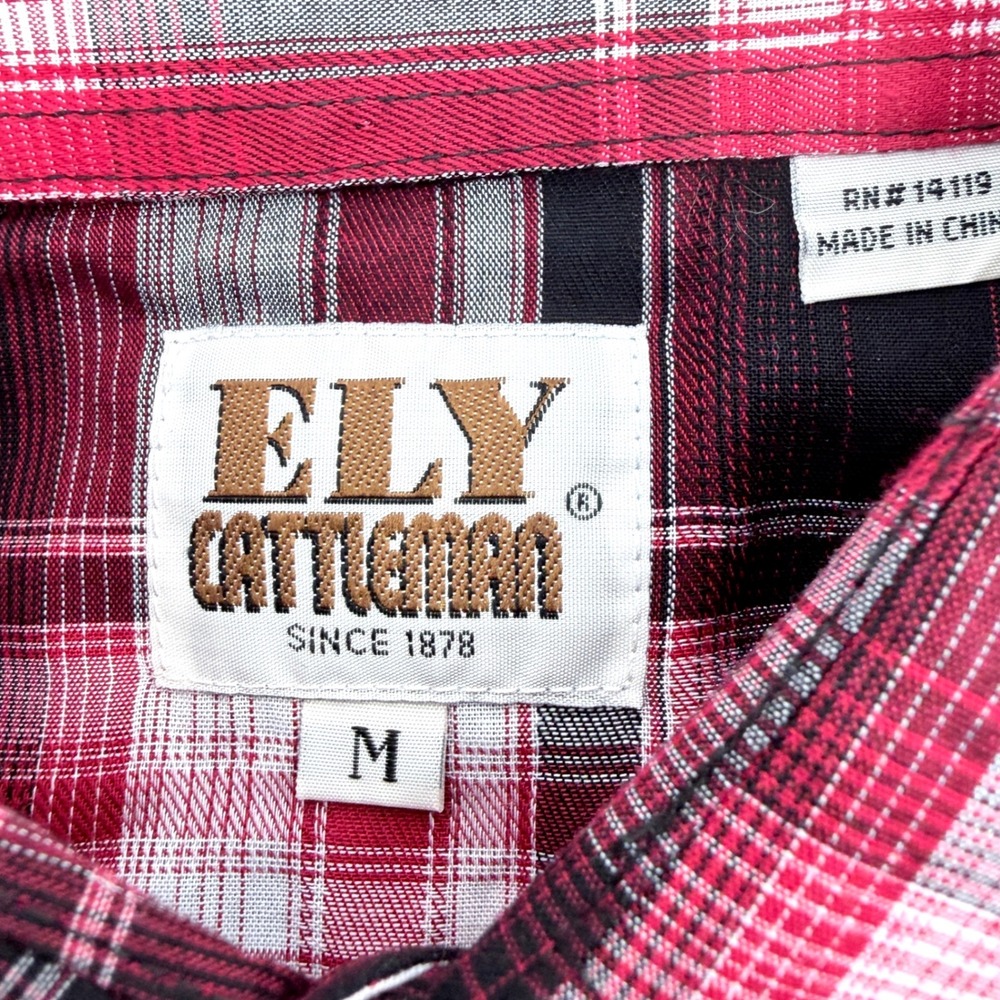 Ely Cattleman Western Shirt Mens M Red Black Plaid Black Pearl Snaps Embroidery - Picture 4 of 10